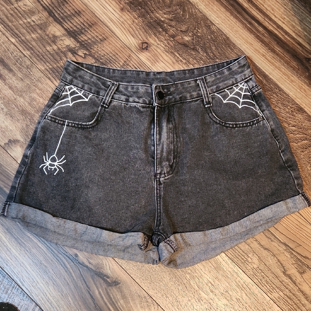 Black Jean Shorts with Web Design Y2K